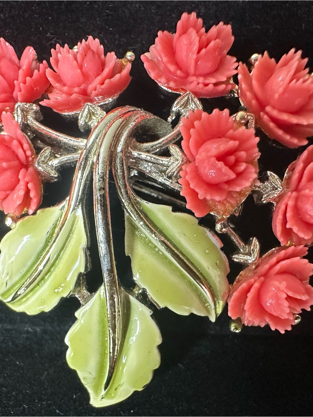 Vintage JJ Jonette Signed Coral Pink Flower Bouquet Brooch Pin Green Enamel